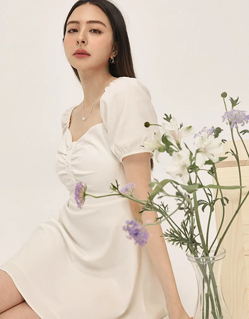 甜美抓皺澎袖短洋裝