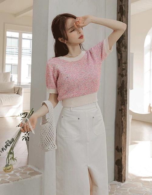 撞色毛呢針織上衣