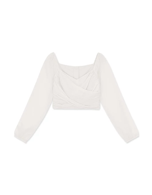 桃心領抓皺拼接透膚上衣