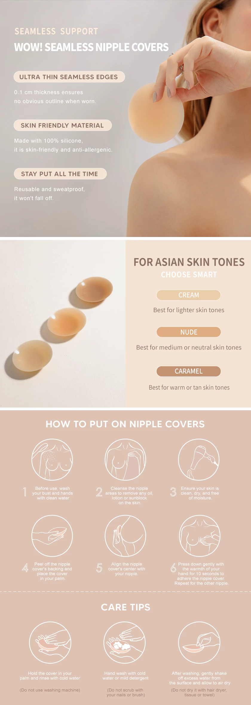 SEAMLESS Nipple Covers Reusable Silicon Pasties ( Water-resistant)