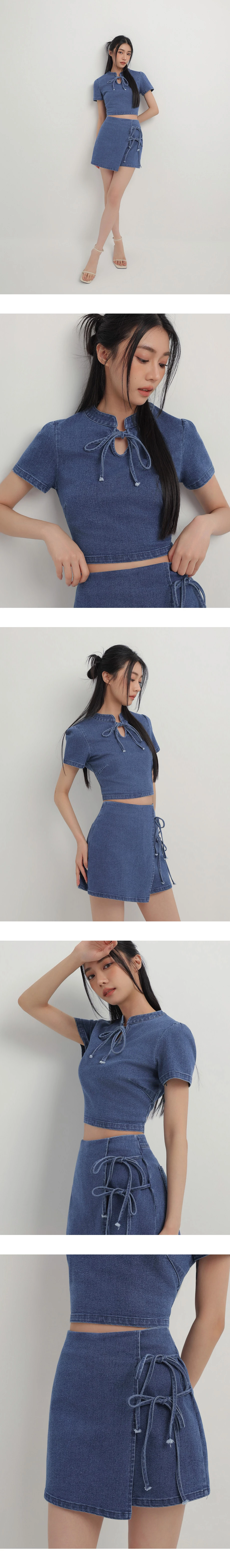 Denim Family CNY Womens TOP Qipao Denim Jeans Ribbon Bow Cheongsam Denim Family CNY Womens TOP Qipao Denim Jeans Ribbon Bow Cheongsam