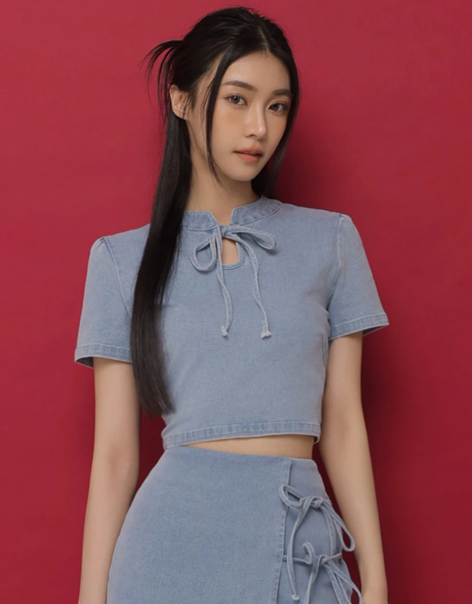 Denim Family CNY Womens TOP  Qipao Denim Jeans Ribbon Bow Cheongsam
