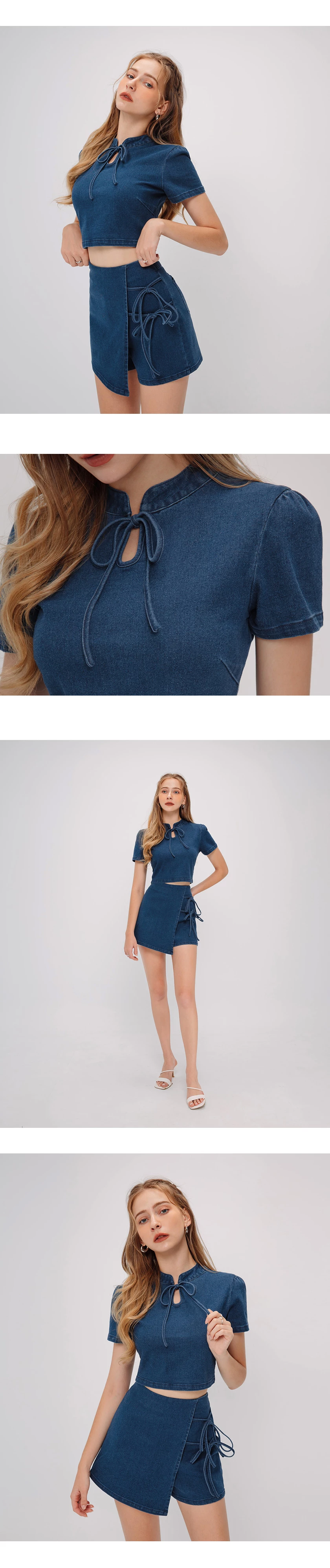 Qipao TOP Denim Jeans Texture Ribbon Bow Cheongsam Design
