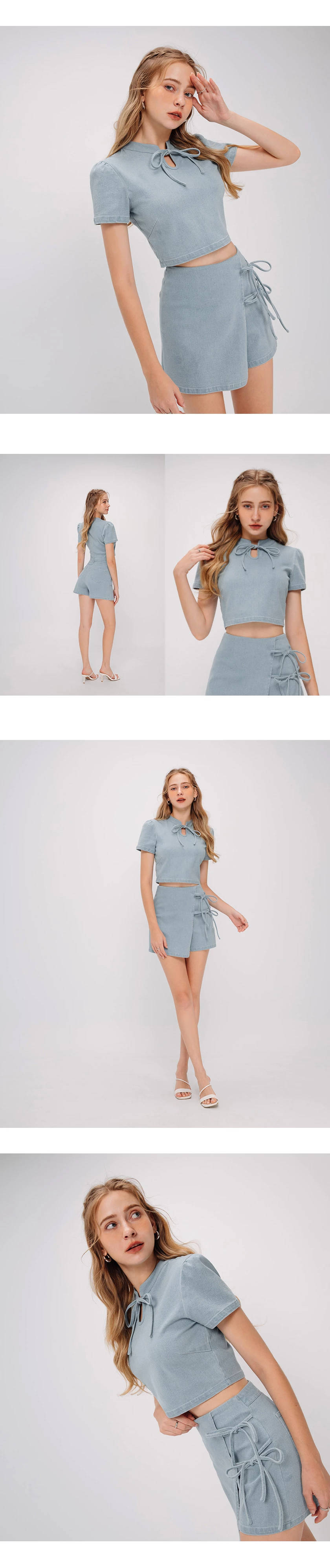 Qipao TOP Denim Jeans Texture Ribbon Bow Cheongsam Design