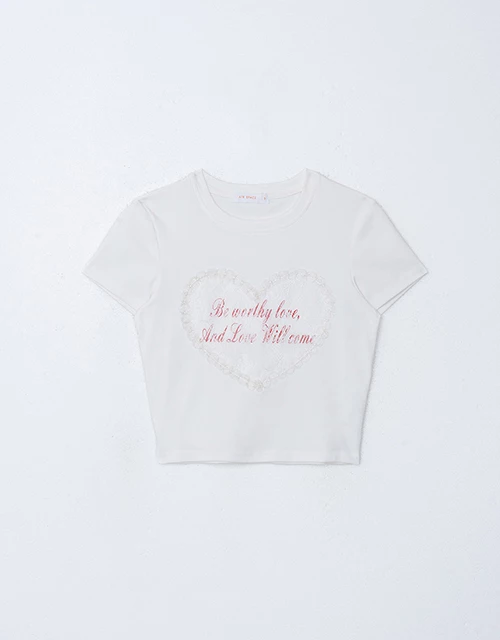 Lace Trim Heart Letter Tee