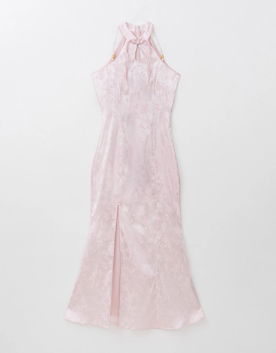 Qipao DRESS Wood Bead Embellished Halter Neck Slit Maxi Cheongsam Qipao Dress