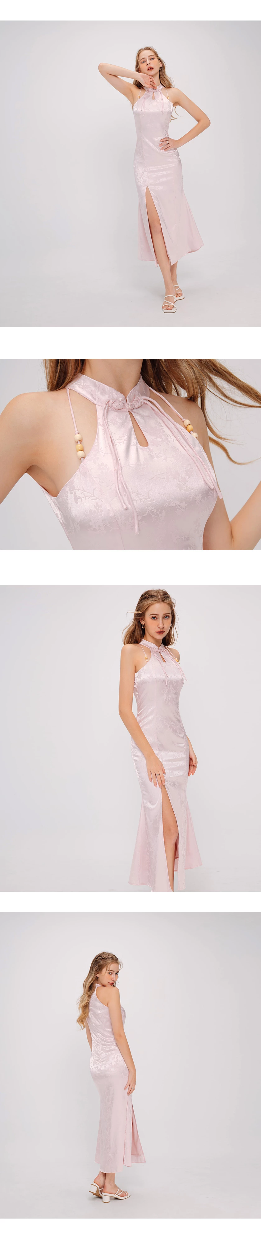 Qipao DRESS Wood Bead Embellished Halter Neck Slit Maxi Cheongsam Qipao Dress