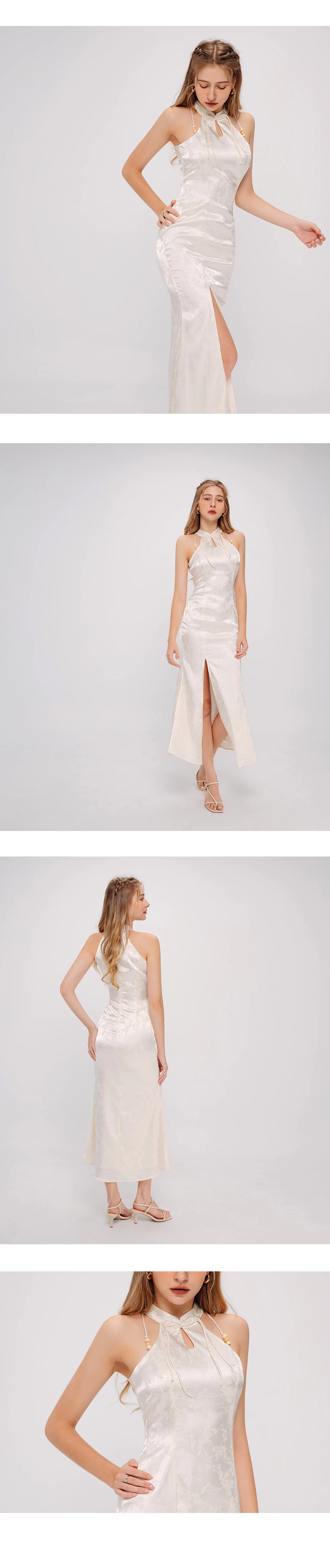 Qipao DRESS Wood Bead Embellished Halter Neck Slit Maxi Cheongsam Qipao Dress