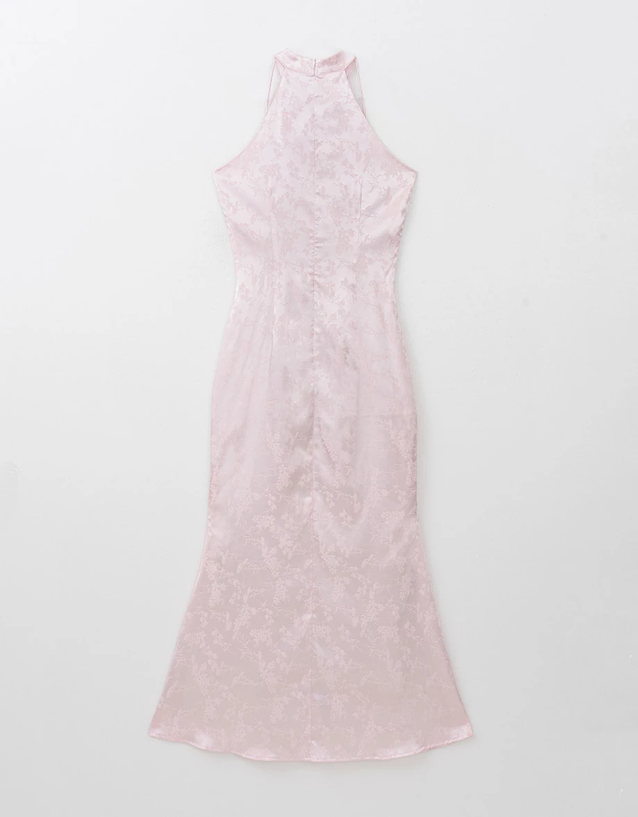 Qipao DRESS Wood Bead Embellished Halter Neck Slit Maxi Cheongsam Qipao Dress