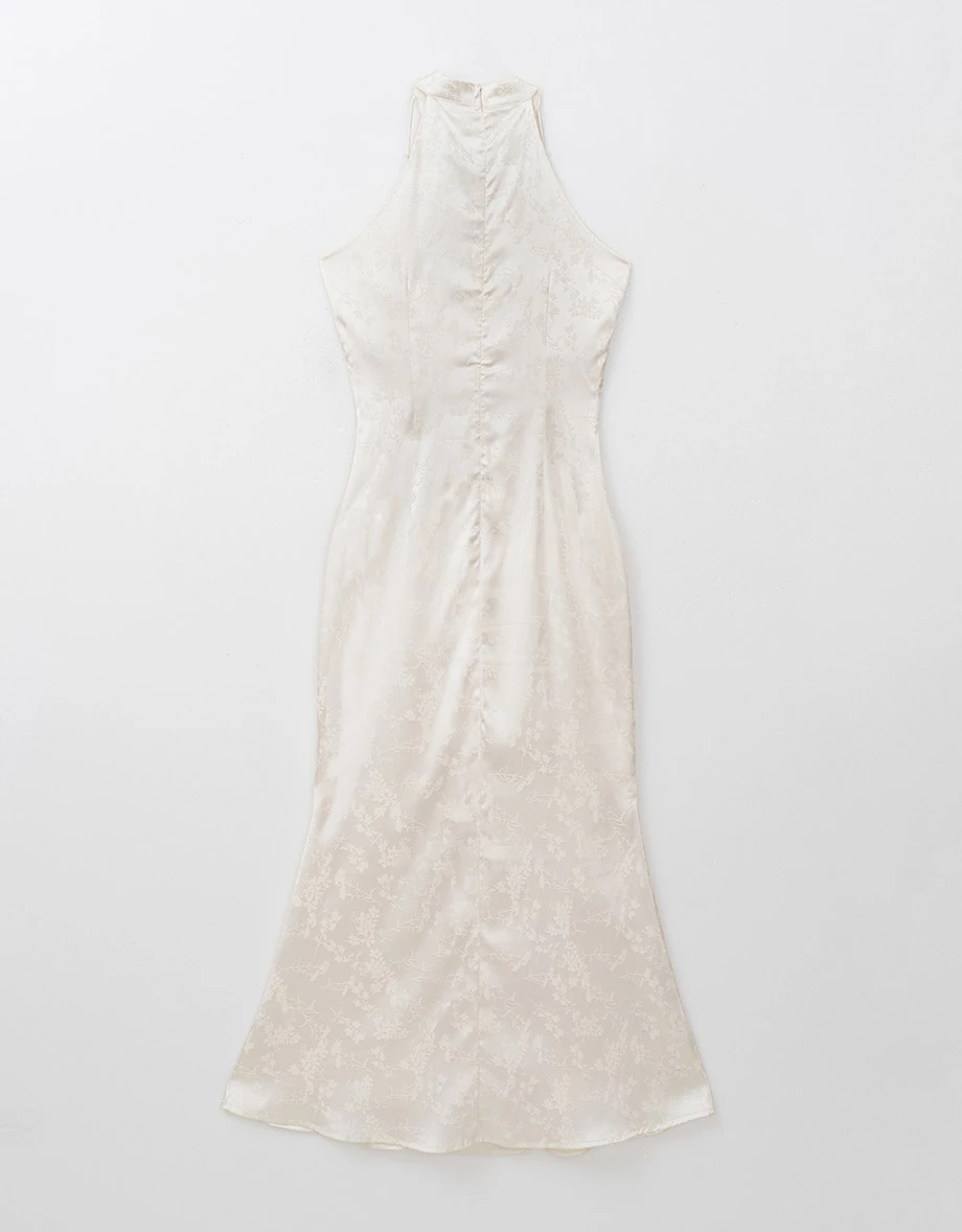 Qipao DRESS Wood Bead Embellished Halter Neck Slit Maxi Cheongsam Qipao Dress