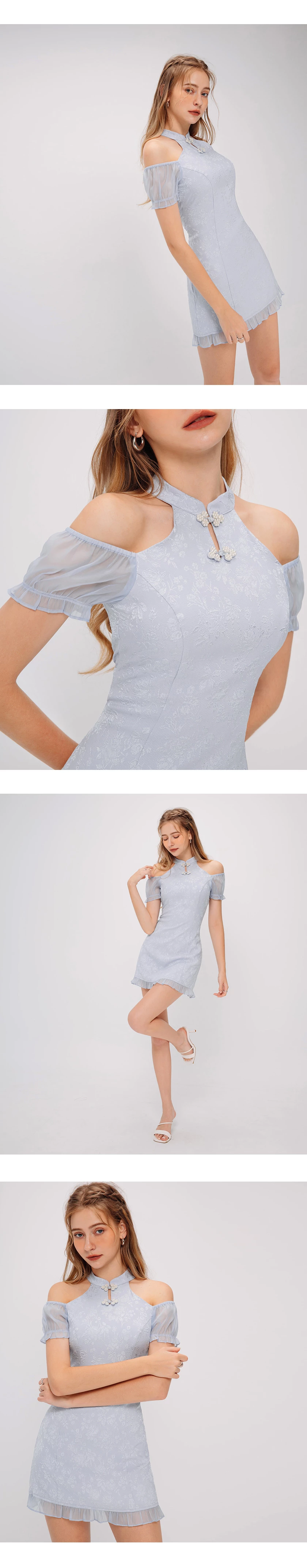 Qipao DRESS Pearl Embellished Cut Out Shoulder Cheongsam Mini Dress