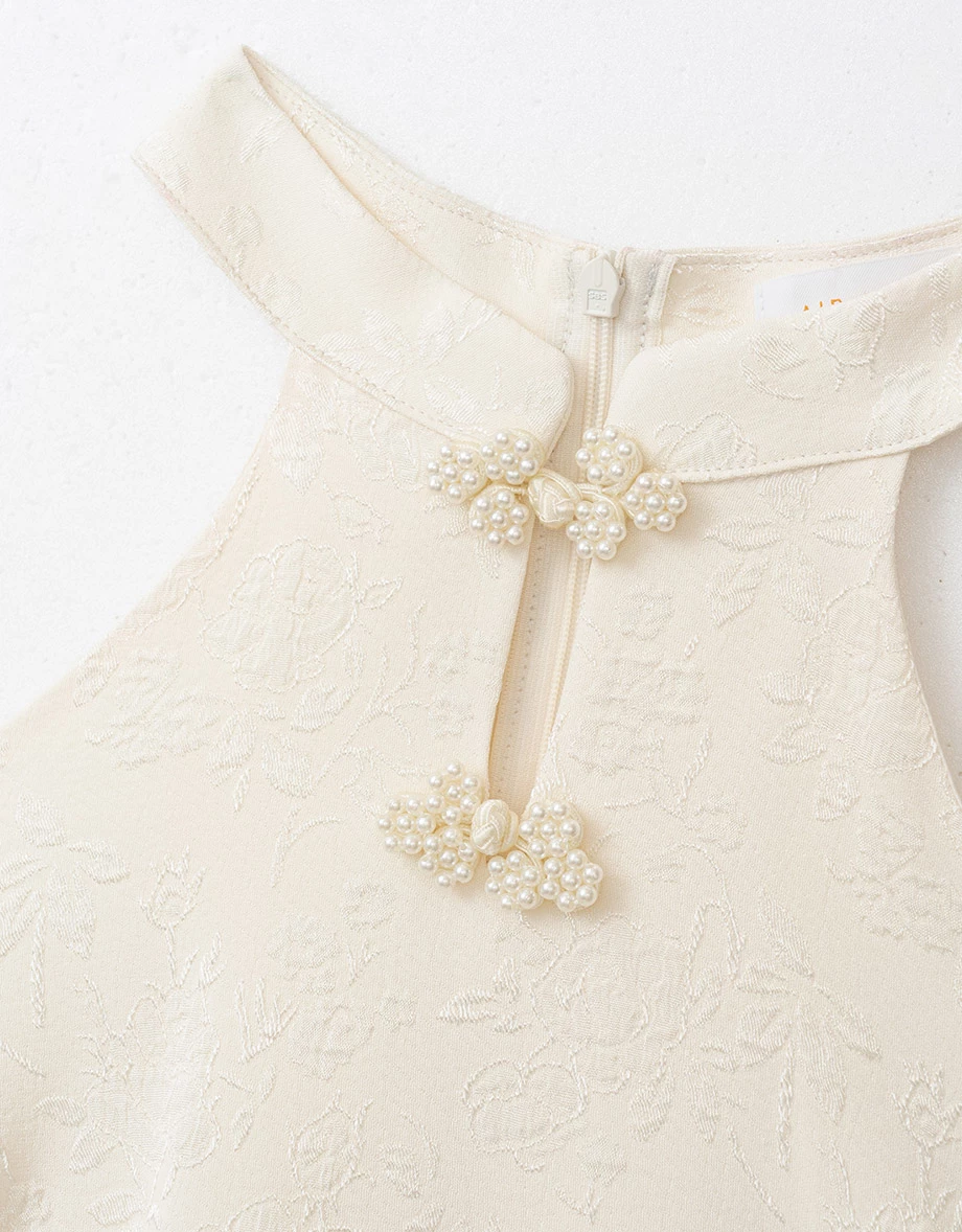 Qipao DRESS Pearl Embellished Cut Out Shoulder Cheongsam Mini Dress