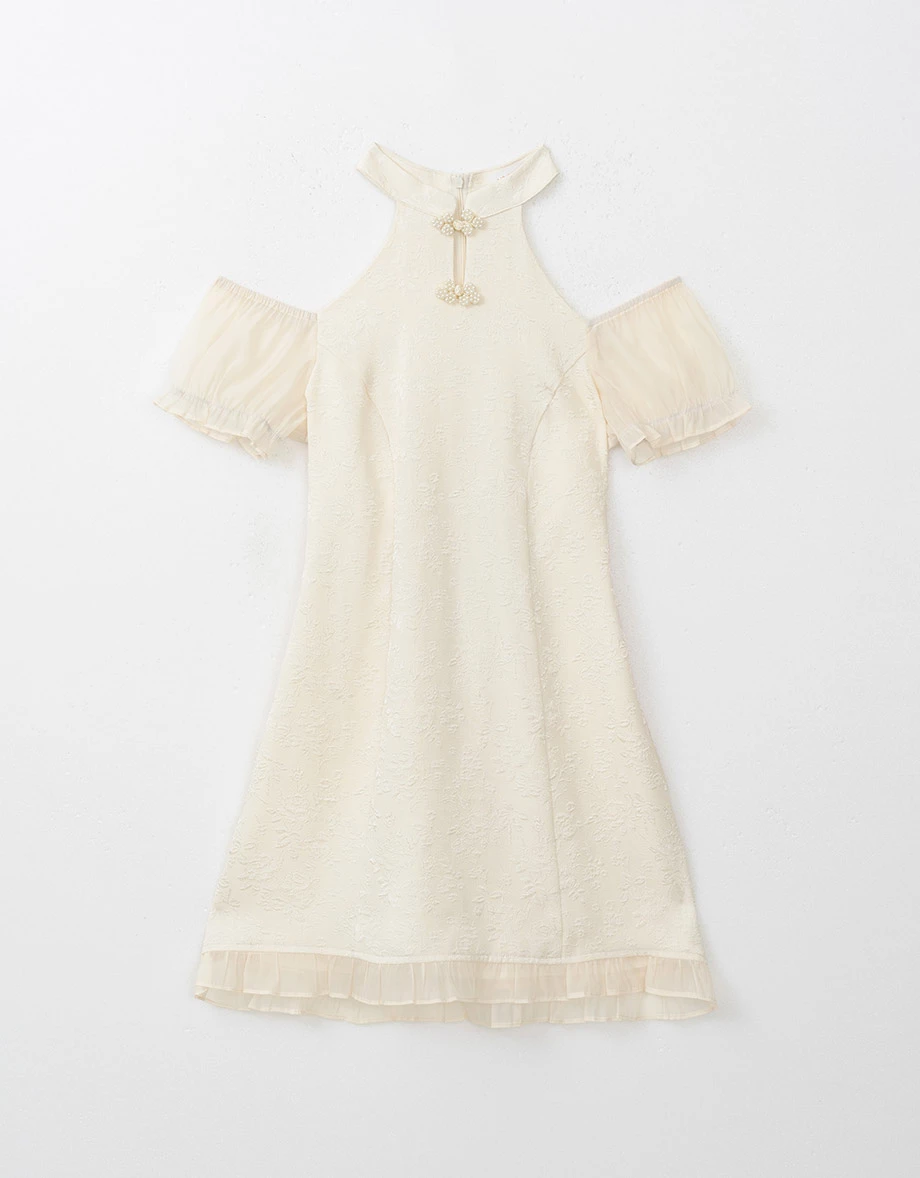 Qipao DRESS Pearl Embellished Cut Out Shoulder Cheongsam Mini Dress