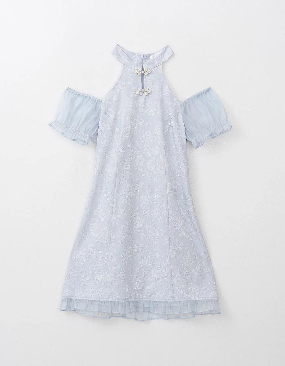 Qipao DRESS Pearl Embellished Cut Out Shoulder Cheongsam Mini Dress Qipao DRESS Pearl Embellished Cut Out Shoulder Cheongsam Mini Dress