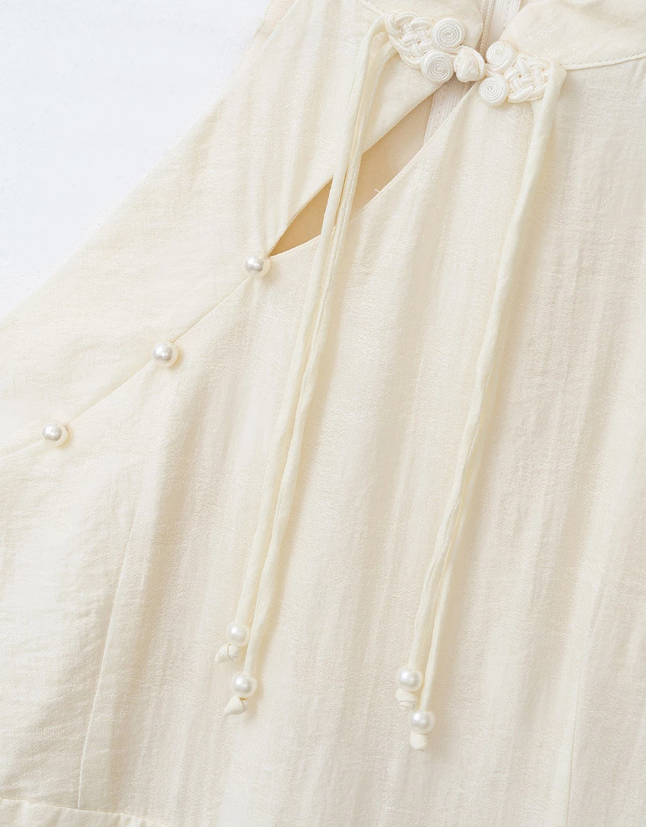 Qipao DRESS Halter Neck Modern Cheongsam Mini Dress with Pearls and Embroidery
