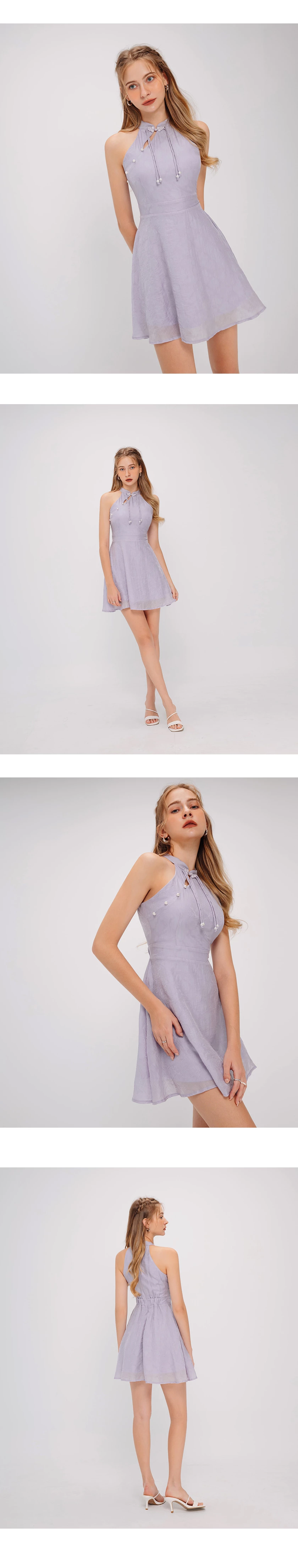 Qipao DRESS Halter Neck Modern Cheongsam Mini Dress with Pearls and Embroidery
