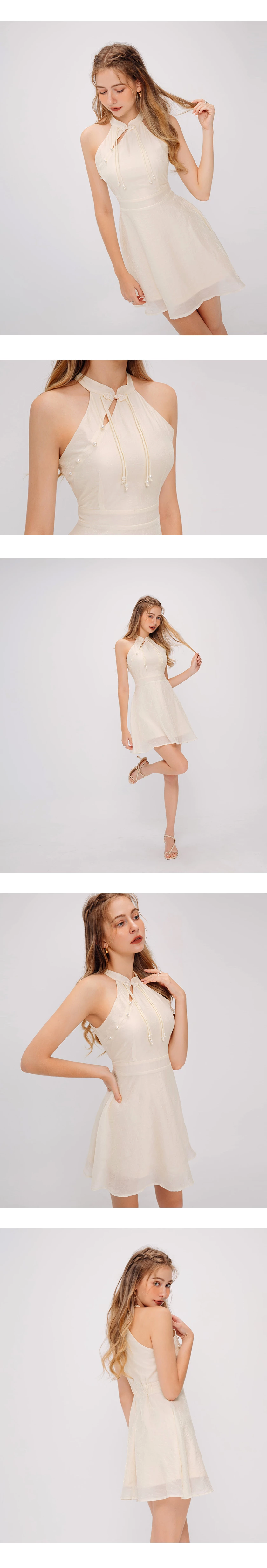 Qipao DRESS Halter Neck Modern Cheongsam Mini Dress with Pearls and Embroidery
