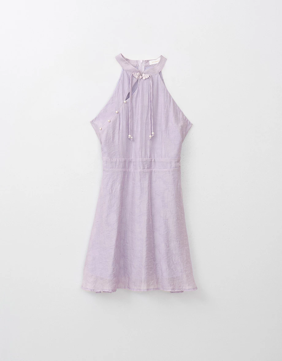 Qipao DRESS Halter Neck Modern Cheongsam Mini Dress with Pearls and Embroidery