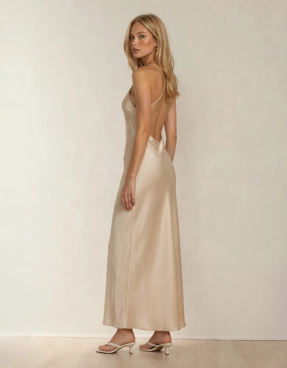 Satin Hollow Out Low Back Halter Neck Maxi Dress