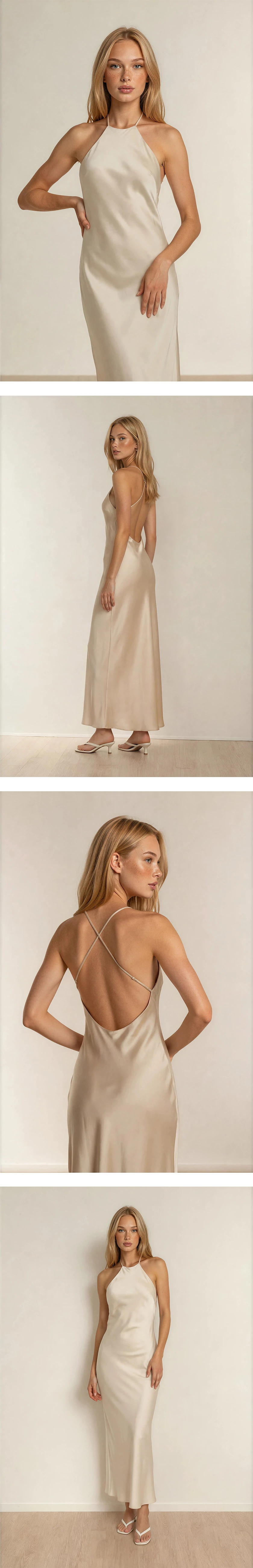 Satin Hollow Out Low Back Halter Neck Maxi Dress