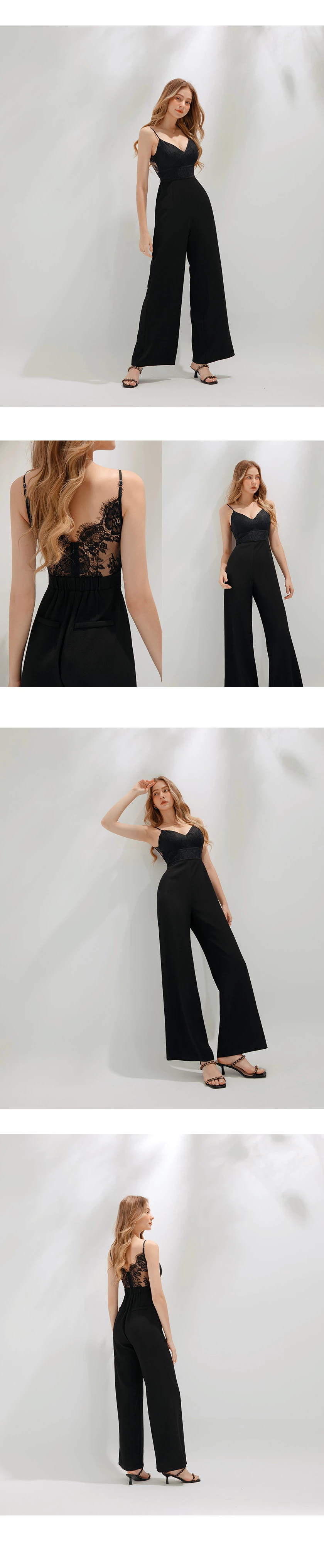 法式睫毛蕾絲連身長褲(附胸墊)