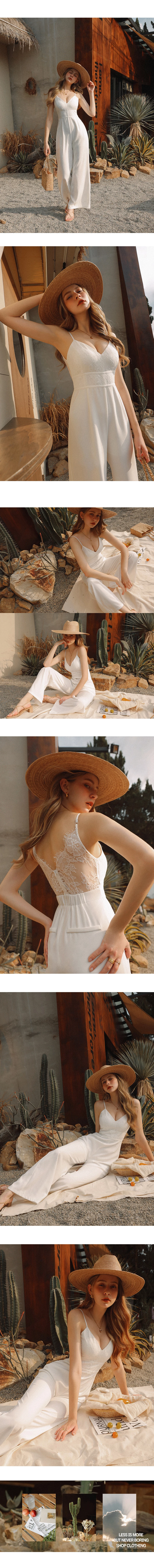 法式睫毛蕾絲連身長褲(附胸墊)