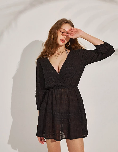 【Beach Cover】Grid Sheer Hollow Bikini Cover Up Mini Dress 【Beach Cover】Grid Sheer Hollow Bikini Cover Up Mini Dress