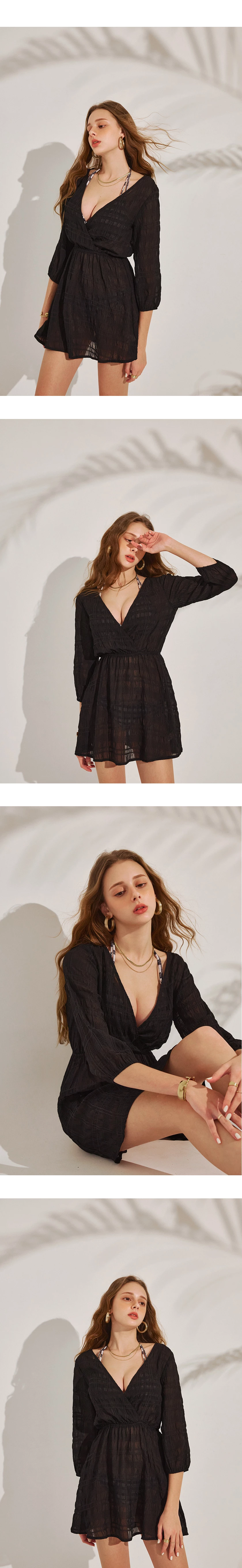 【Beach Cover】Grid Sheer Hollow Bikini Cover Up Mini Dress