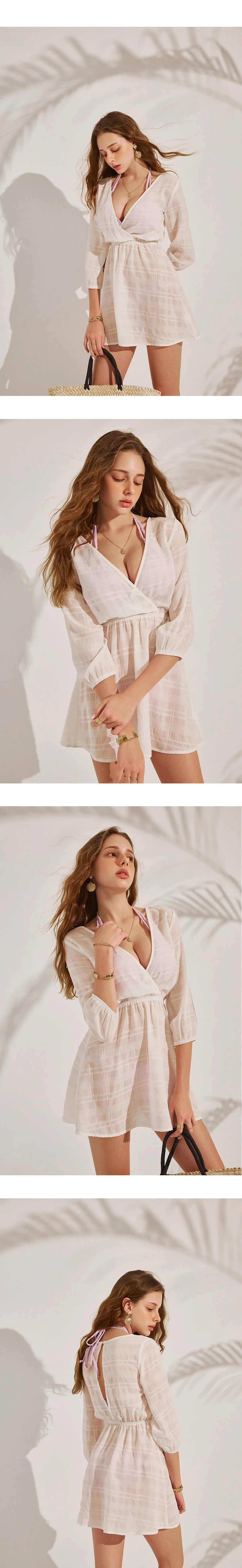 【Beach Cover】Grid Sheer Hollow Bikini Cover Up Mini Dress