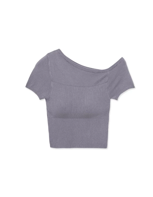 純色斜肩針織上衣(附胸墊)