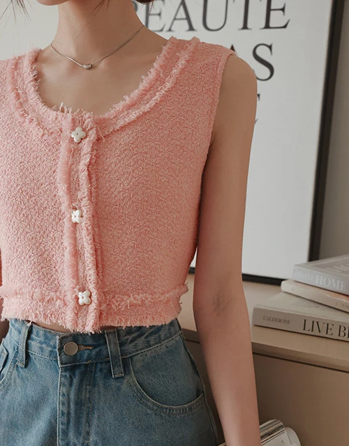 甜美小花排釦不收邊背心