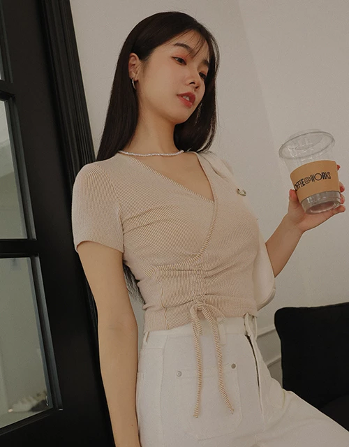 V Neck Side Drawstring Ribbed Top V Neck Side Drawstring Ribbed Top