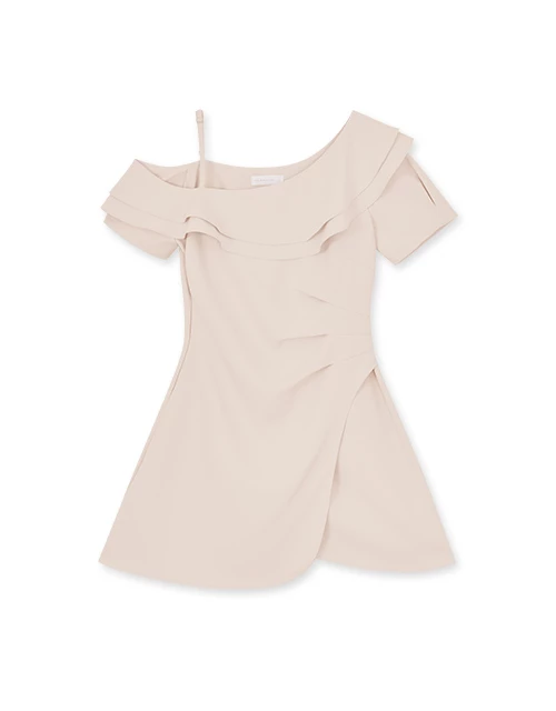 單肩層次荷葉邊短洋裝