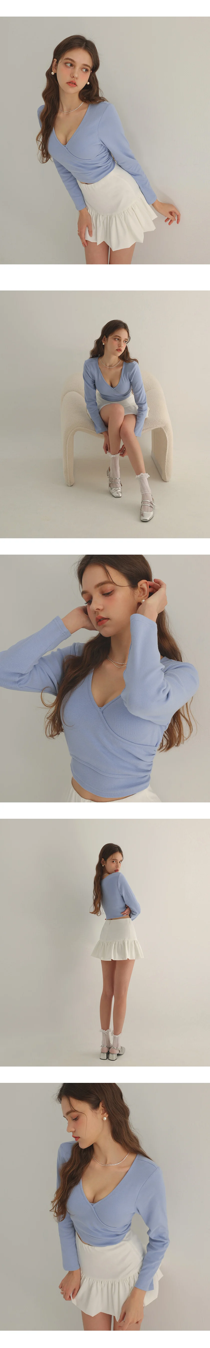 PADDED BRA TOP Double Push Up Front Crossover V Neck Top Long Sleeves