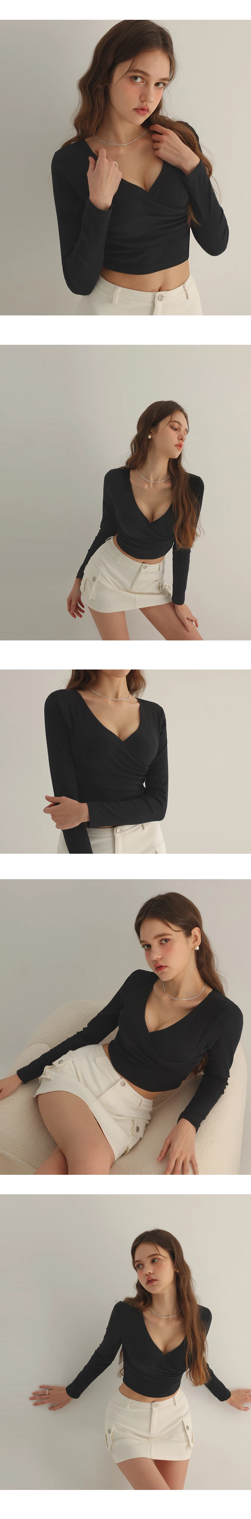 PADDED BRA TOP Double Push Up Front Crossover V Neck Top Long Sleeves