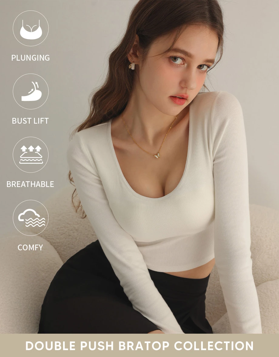Double Push Long Sleeve U Neck Crop Bra Top