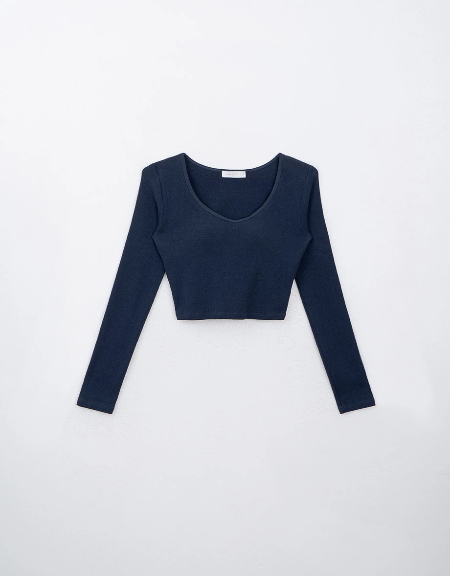 Double Push Long Sleeve U Neck Crop Bra Top