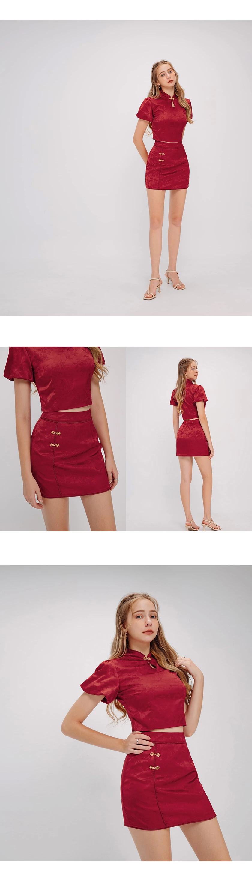 Qipao SKORT Bottom Satin Cheongsam Mini Short Skirt With Golden Clasps( Underpants & Elastic Waistline)