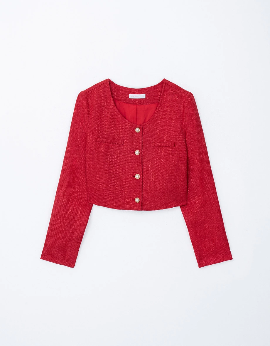 Tweed Jacket Top With Elegant Pearl Buttons
