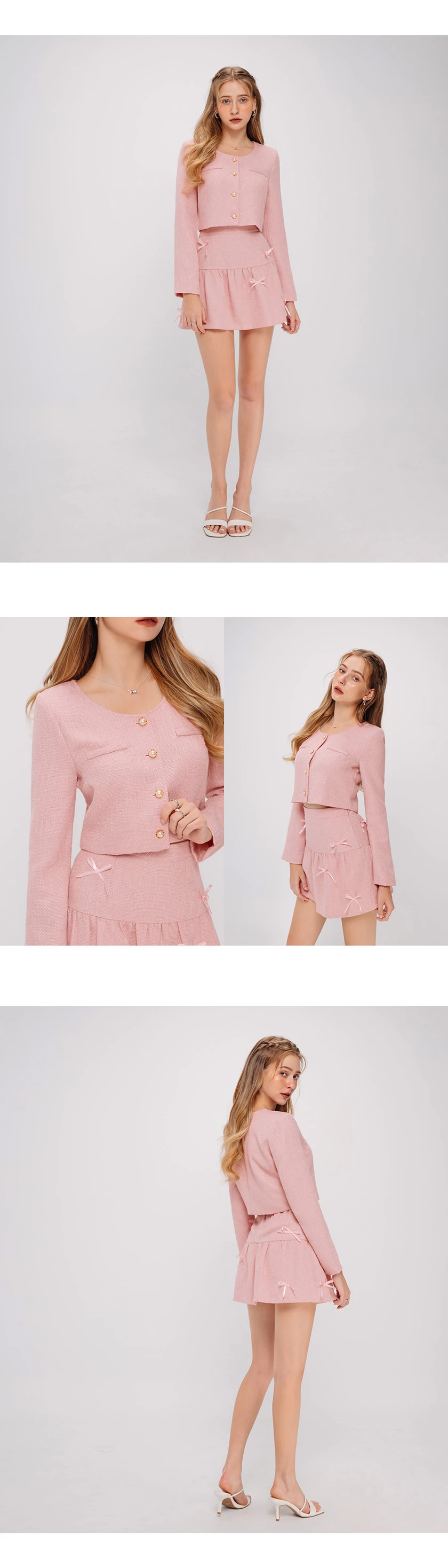 Tweed Jacket Top With Elegant Pearl Buttons