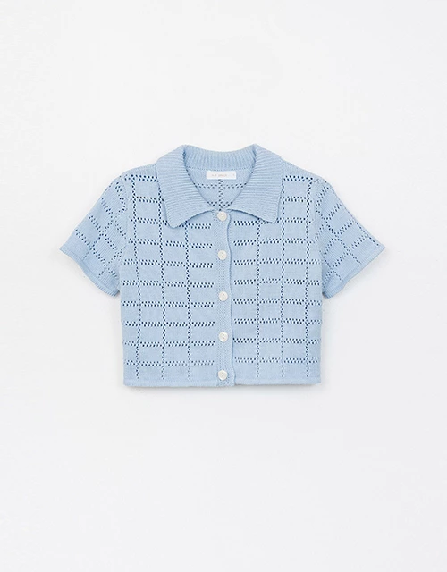 Eyelet Knit Collared Blouse Shirt