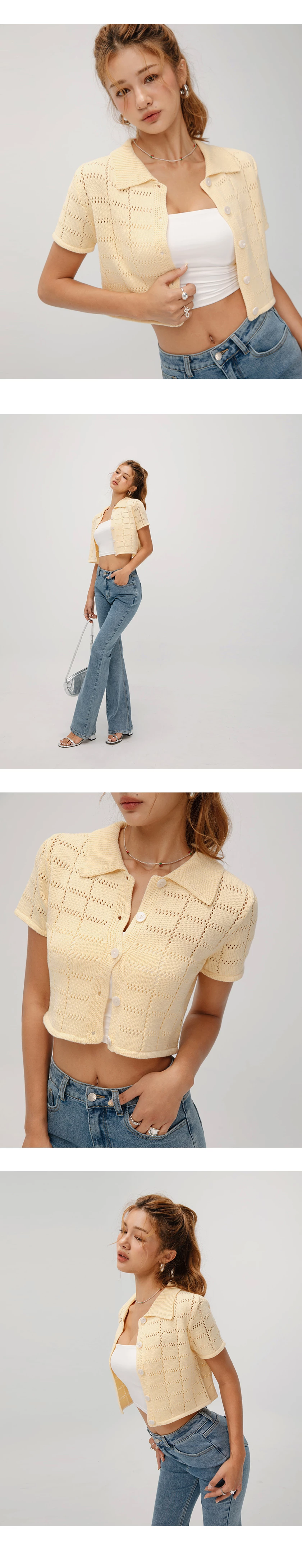 Eyelet Knit Collared Blouse Shirt