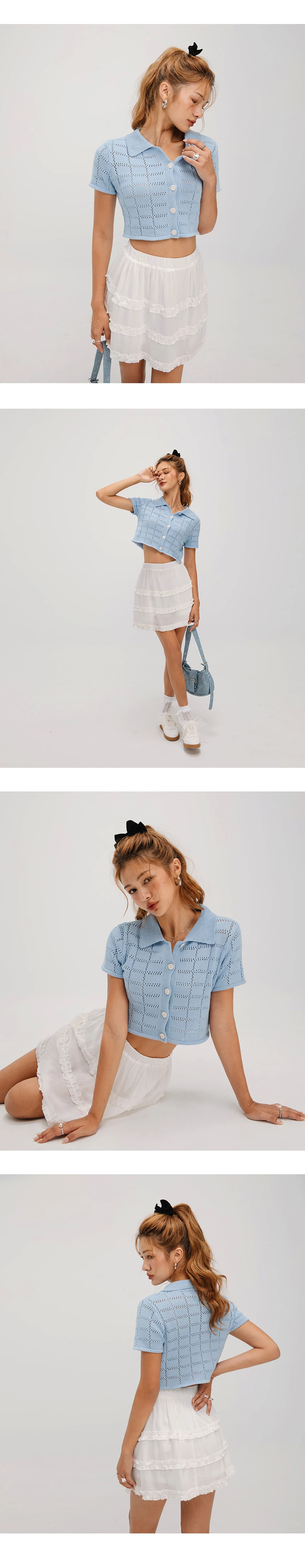Eyelet Knit Collared Blouse Shirt