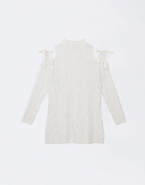 Turtleneck Cold Shoulder Knot Detail Cable Knit Sweater
