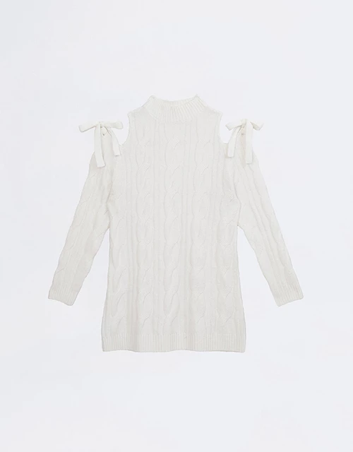 Turtleneck Cold Shoulder Knot Detail Cable Knit Sweater