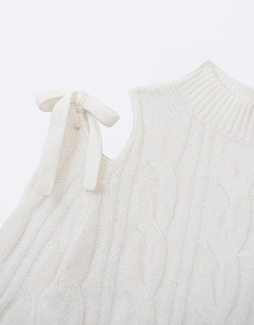 Turtleneck Cold Shoulder Knot Detail Cable Knit Sweater