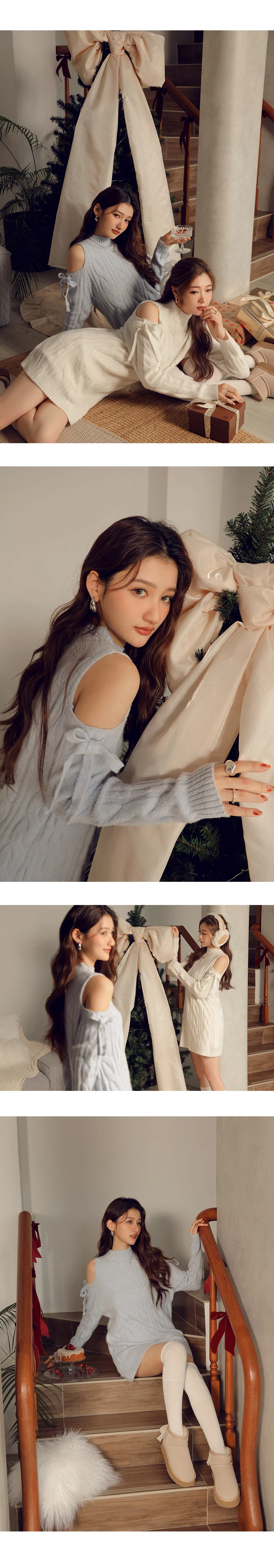 Turtleneck Cold Shoulder Knot Detail Cable Knit Sweater