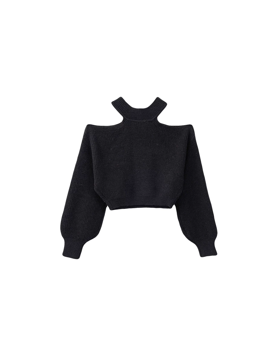 Cut Out Shoulder Halter Neck Long Sleeve Knit Top