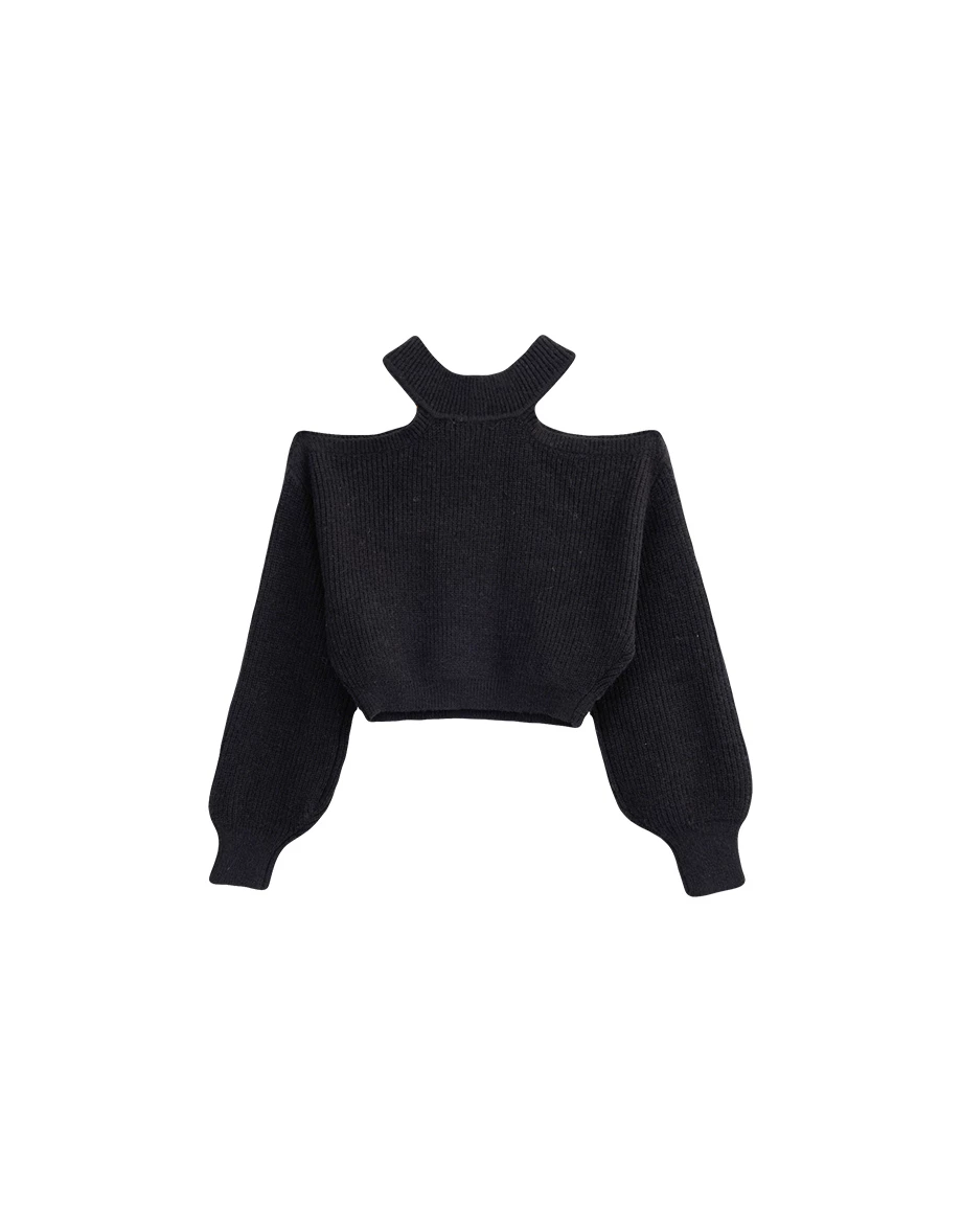 Cut Out Shoulder Halter Neck Long Sleeve Knit Top Cut Out Shoulder Halter Neck Long Sleeve Knit Top