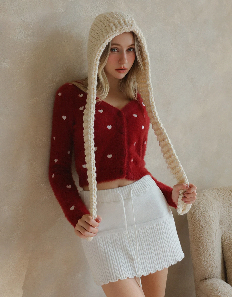 Mohair Heart Embroidered Buttoned Cardigan